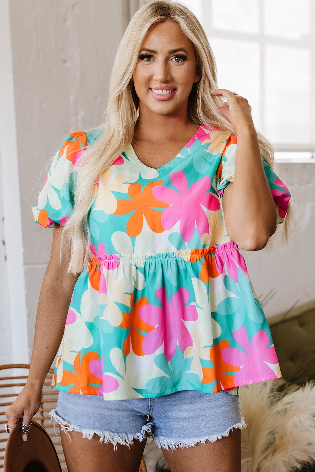Rayne Floral V Neck Peplum Blouse