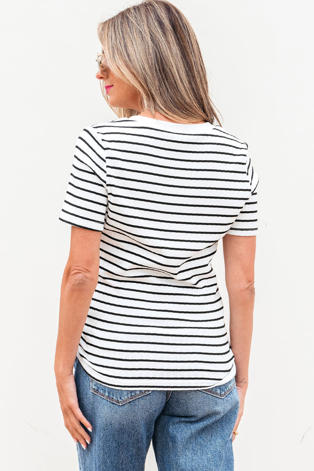 Marleigh Stripe Textured Buttoned Henley Top