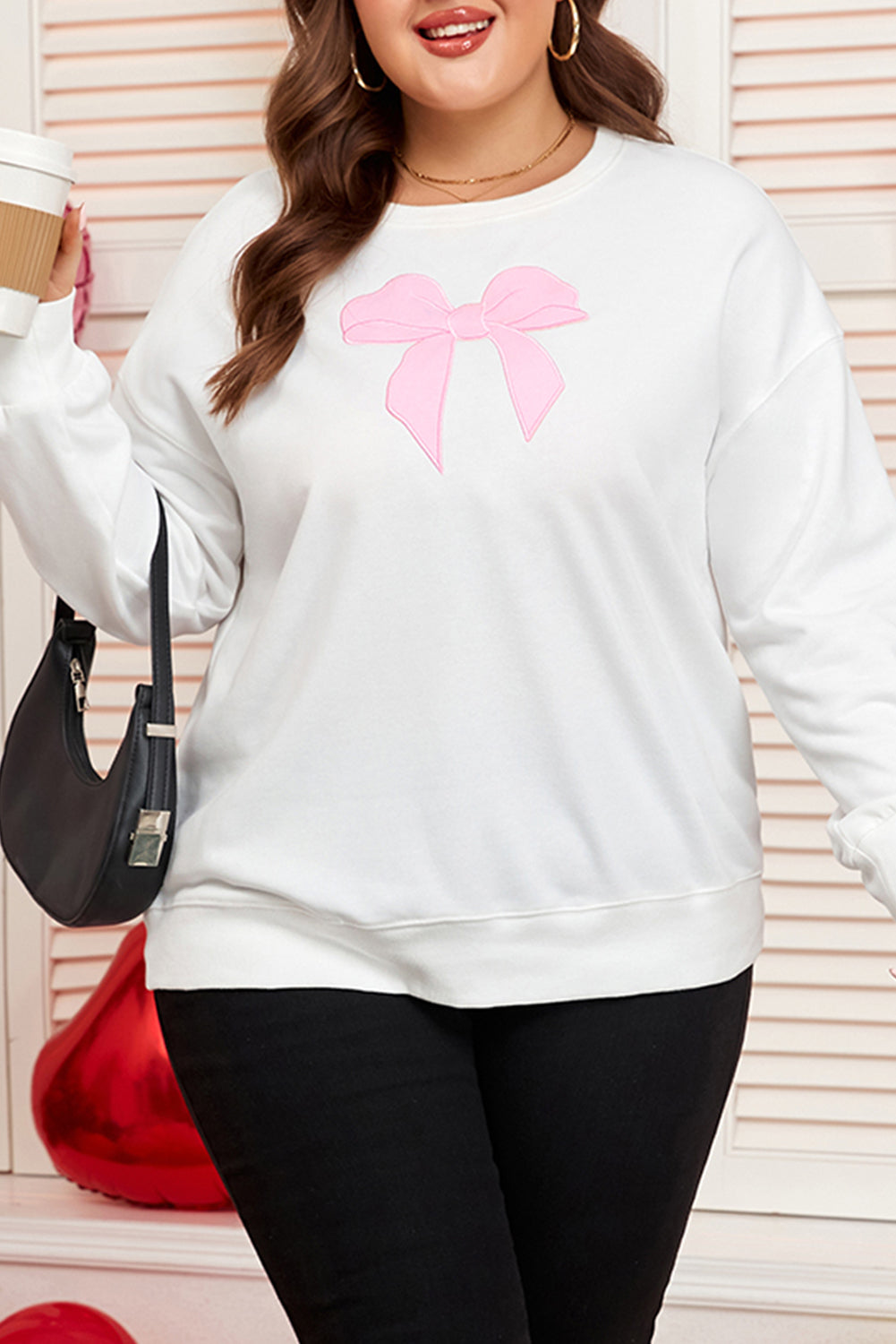 Beige Big Bow Accent Plus Size Drop Shoulder Sweatshirt