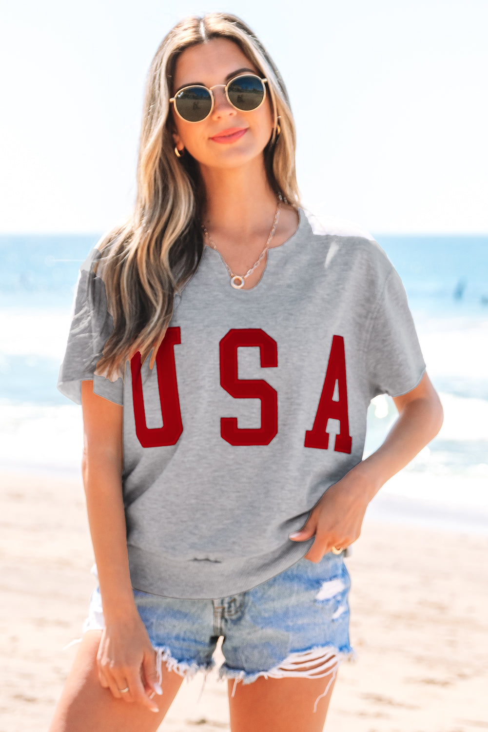 USA Patch Notched Neck Loose Tee