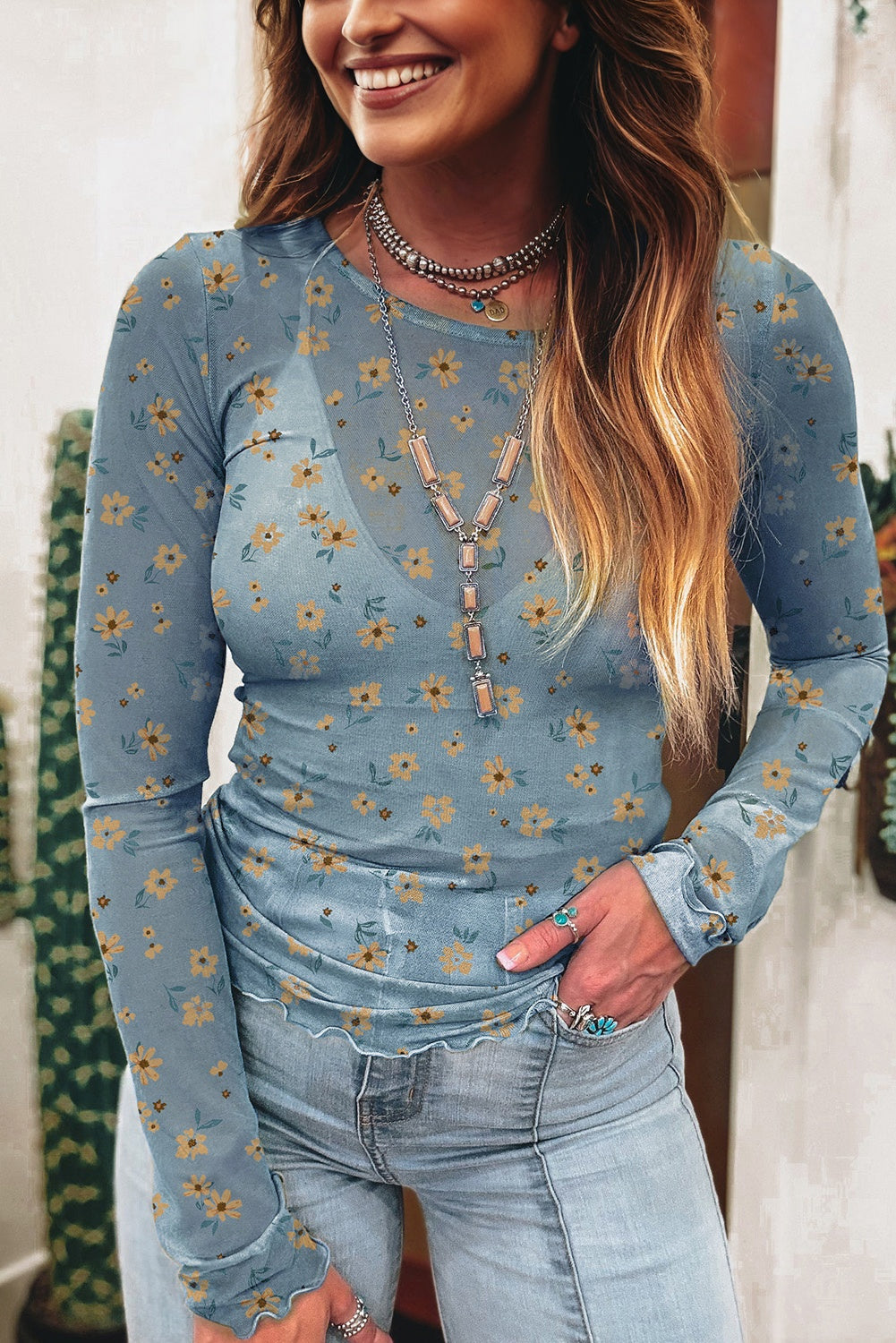 Amber Vintage Floral Mesh Long Sleeve Top