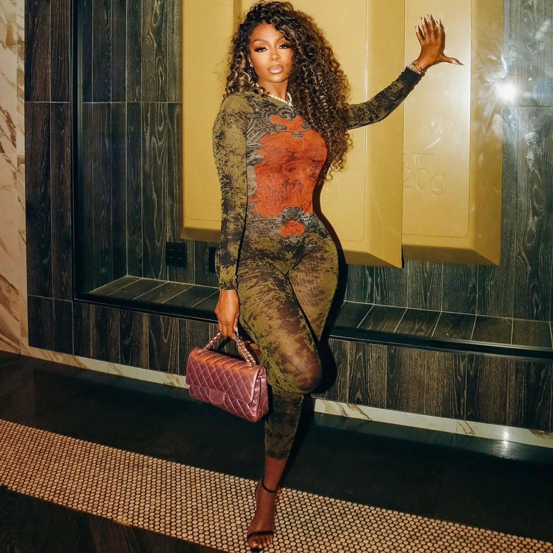 Women's Printed Sexy Mesh High Waist Zipper Jumpsuit
