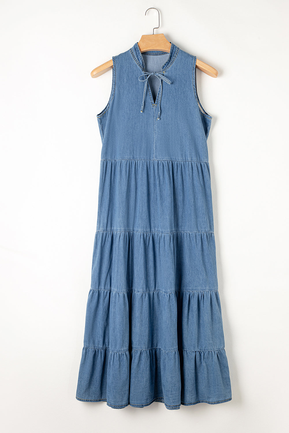 Tie Neck Tiered Maxi Denim Dress