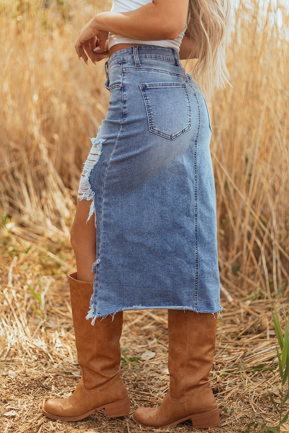 Alexis Irregular Distressed Bottom Denim Midi Skirt