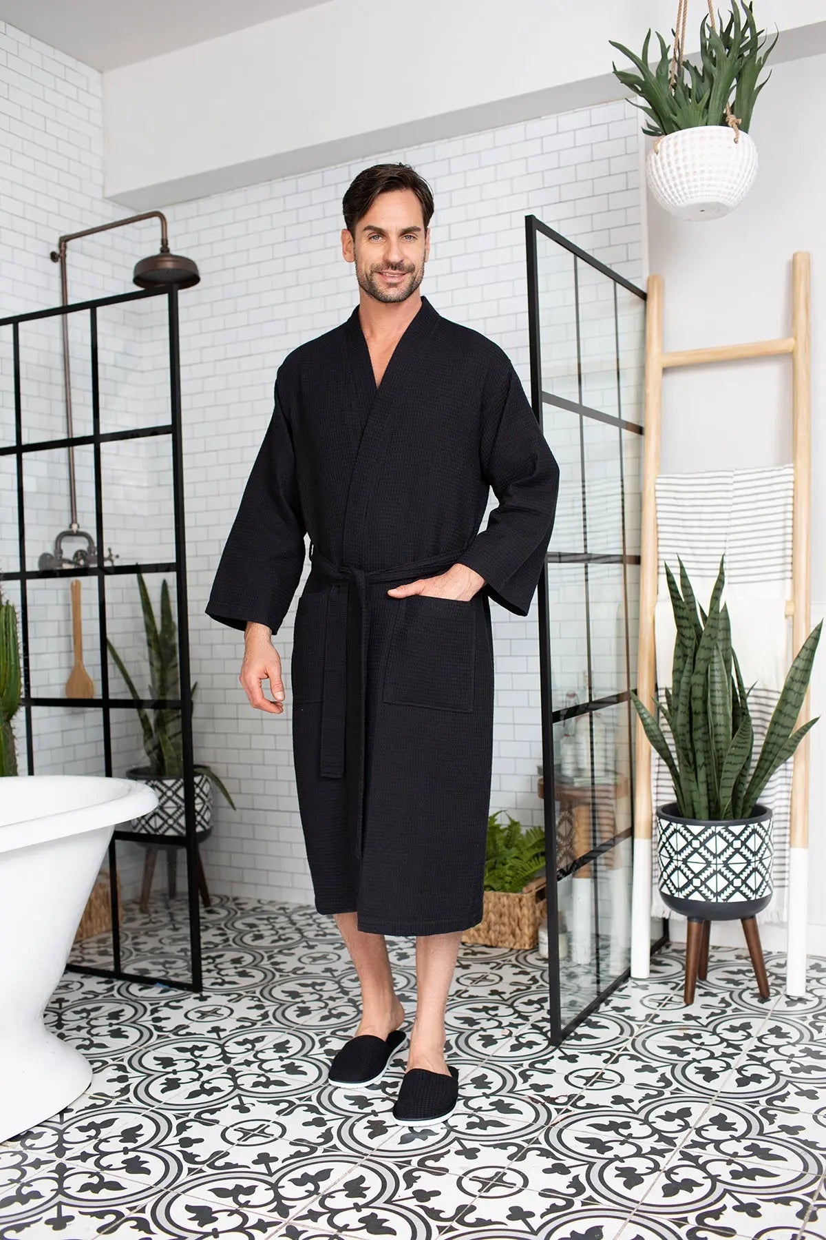 Waffle Spa Bathrobe for Men -  Absorbent, Lightweight